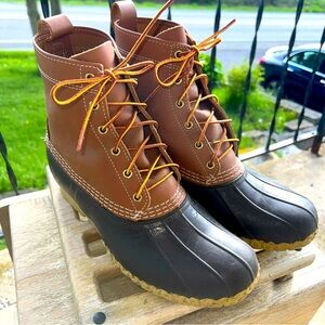 LL Bean Men’s 9M Duck Boots Tan Leather Brown Rubber 6 Eye Maine USA 8 Inch